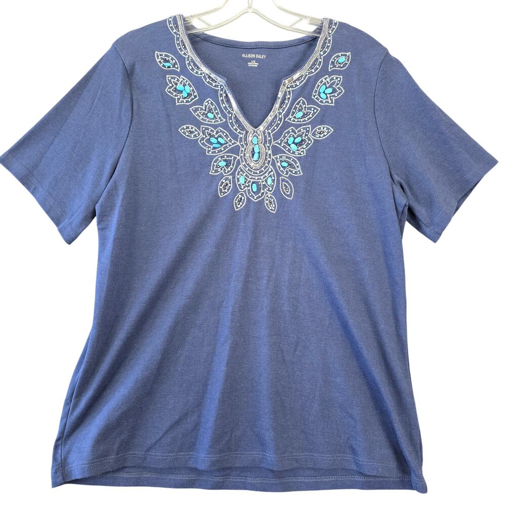 Allison Daley Blue Shirt Turquoise Beads Embroidery Short Sleeves V-Neck Women L